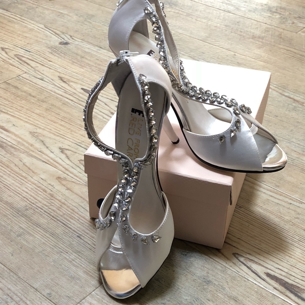 NIB White Satin and Crystal Heels